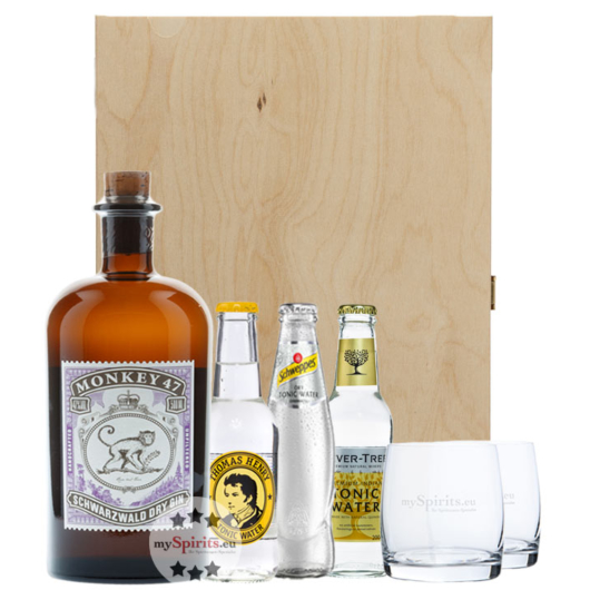 Monkey47 Gin 47% Vol 0,5L +Schweppes Dry 0,2L inkl 0,10€Pfand +Th.Henry 0,2L inkl 0,15€Pfand +Fever-Tree Indian 0,2L inkl 0,25€Pfand +2xGlas