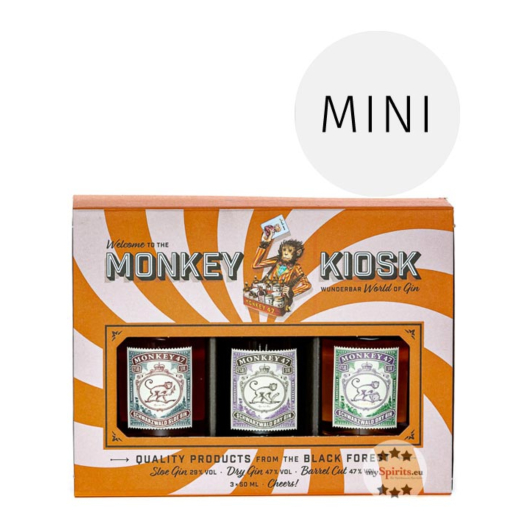 Monkey Kiosk Gin Miniaturen-Probierset / 29 - 47 % Vol. / 3 x 0,05 Liter-Flaschen in Deko-Box