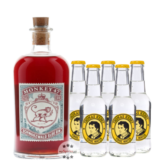 Monkey 47 Sloe Gin (29 % Vol., 0,5l) & 5 x Thomas Henry Tonic Water (0,2l) inkl. 0,75 € Pfand