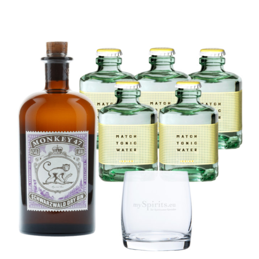 Monkey 47 Dry Gin (47 % vol, 0,5 l) & 5 x Match Indian Tonic Water (0,2 l) inkl. 1,50 € Pfand + 1 Glas