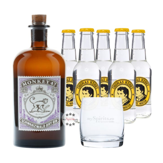 Monkey 47 Dry Gin (47 % Vol., 0,5 L) & 5 x Thomas Henry Tonic Water (0,2 L) + 1 Tumbler-Glas inkl. 0,75 € Pfand