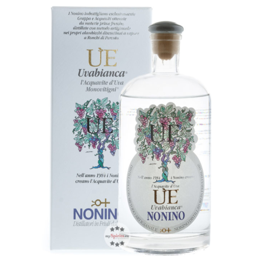 Grappa Nonino: ÙE Uvabianca Acquavite d’Uva Monovitigni Trauben-Brand / 38 % vol. / 0,7 Liter-Flasche im Geschenk-Karton