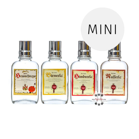 Prinz Flachmann 4er Probierset 34 %-ige: Hausschnaps, Birnerla, Himbeerla, Nusserla / 34 % Vol. / 4 x 0,1 Liter-Flasche