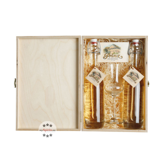 Prinz "Edles in Holz verpackt" Alte Williamsbirne & Alte Marille / 41 % vol / 2 x 0,2 l + Glas in Holzbox