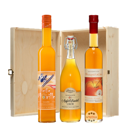 Prinz: Geschenkset Heiße Wintertage: Bratapfel-, Apfelstrudel- & Heiße Marille-Likör / 16 % Vol. / 3 x 0,5 L in Prinz-Holzschatulle