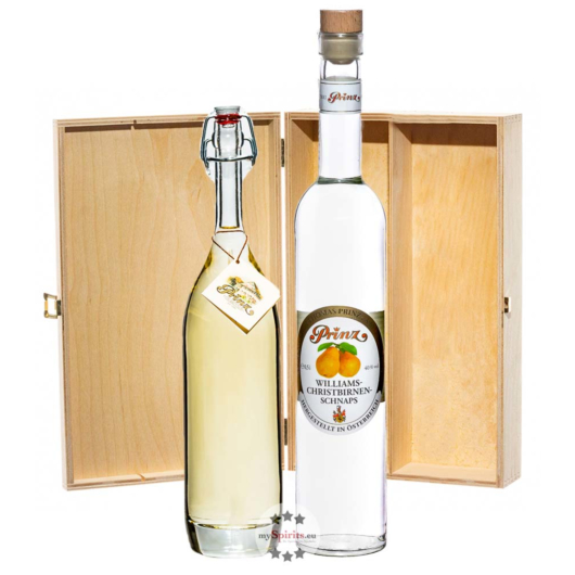 Prinz: Geschenk-Set Williams-Birnen-Glück / 40 & 41 % Vol. / 2 x 0,5 Liter-Flasche in Holzbox