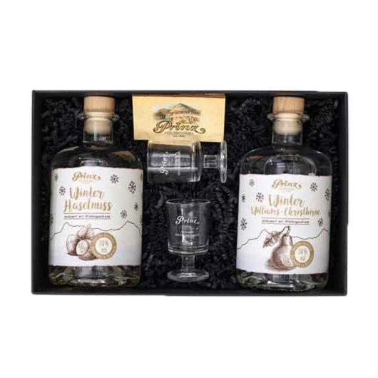 Prinz Geschenkset Winter-Schnäpse - Winter Haselnuss & Winter Williams-Christbirnen Schnaps / 34 % Vol. / 2x 0,5l + 2x Glas in Box