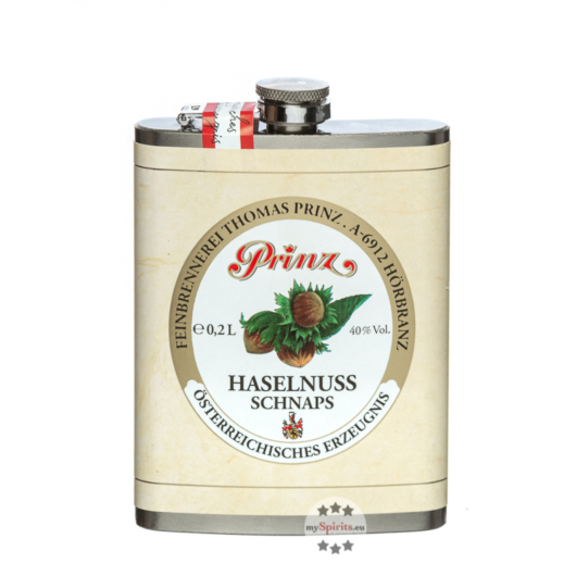 Prinz Flachmann Haselnuss-Schnaps / 40 % Vol. / 0,2 Liter-Flasche aus Edelstahl 