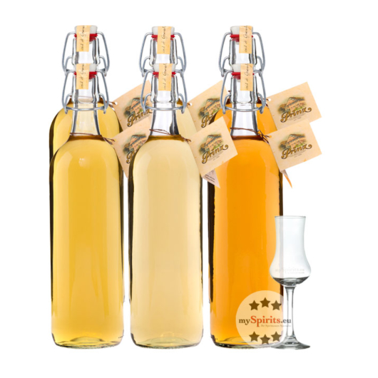 Prinz: Alte Sorten Kombi-Paket Alte Marille, Williamsbirne & Wald-Himbeere / 41 % Vol. / 6 x 1 L+ 1 x gratis mySpirits Schnapskelch