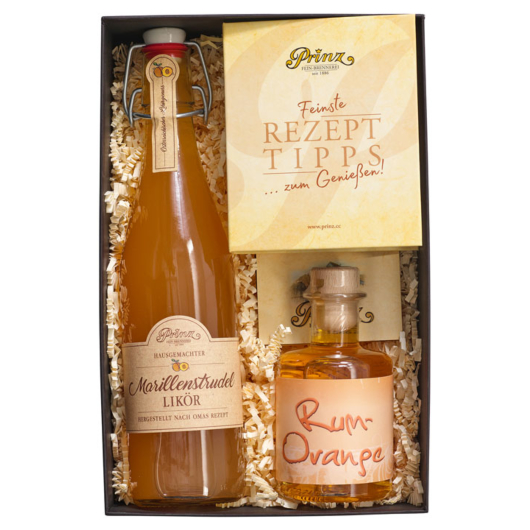 Prinz: Geschenk-Set "Marillen-Rezeptbox" / 16 - 40 % Vol. / 0,5 + 0,2 Liter-Flasche in Geschenkbox