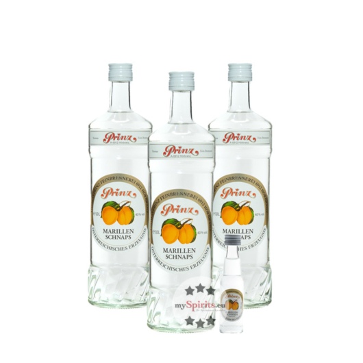 3x Prinz: Marillen-Schnaps / 40 % Vol. / 3 x 1,0 Liter + gratis 0,02 Liter Marillen-Schnaps Miniatur