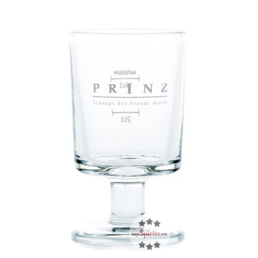 Prinz: Original Schnapsglas "Stamperl" mit Stiel groß - weißer Schriftzug / 2cl & 4cl Eichstrich / Ø ca. 5 cm / H: ca. 9 cm