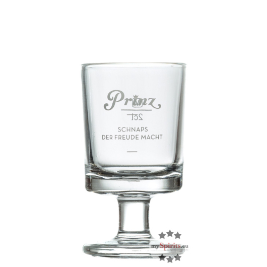 Prinz: Original Schnapsglas "Stamperl" mit Stiel klein - weißer Schriftzug / 2cl Eichstrich / Ø ca. 3,5 cm / H: ca. 7 cm