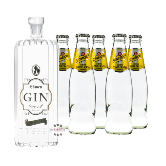 Löwen Dry Gin (40% Vol., 0,7 L) & 5 x Schweppes Indian Tonic Water (0,2 L) inkl. 0,50€ Pfand