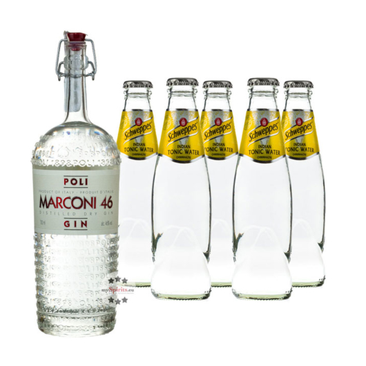 Poli Marconi 46 Gin (46% Vol., 0,7 L) & 5 x Schweppes Indian Tonic Water (0,2 L) inkl. 0,50€ Pfand