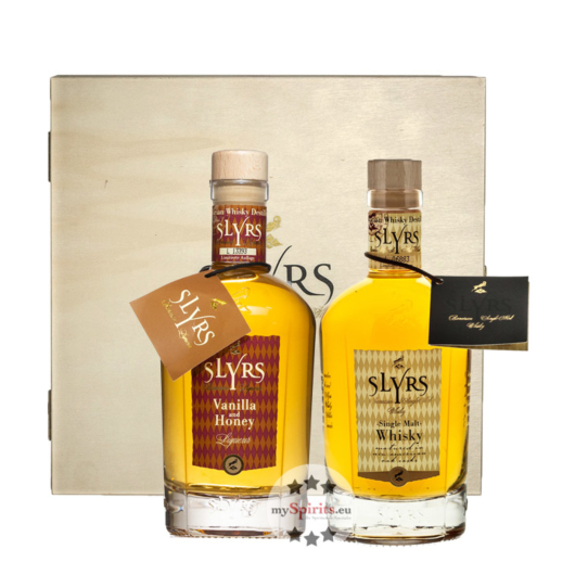 Slyrs: Geschenkbox "Sie & Er" mit Single Malt Whisky 43 % Vol. & Whisky Likör 30 % Vol. in Holzkiste