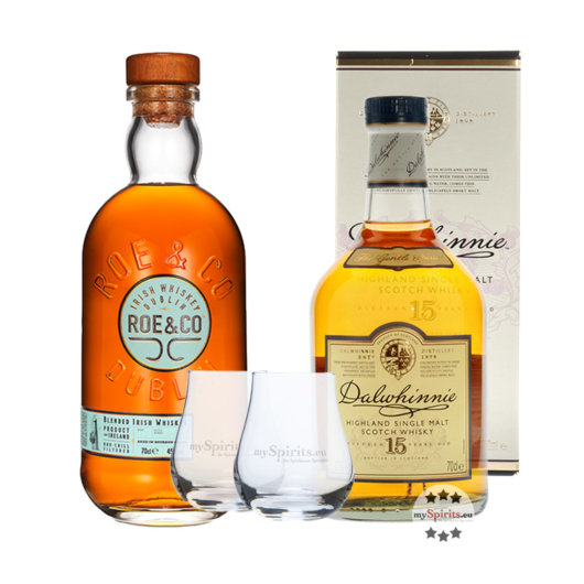 Whisky-Set: Dalwhinnie 15 + Roe & Co Whiskey mit 2 Nosing-Gläsern / 43 % + 45 % Vol. / 2 x 0,7 Liter