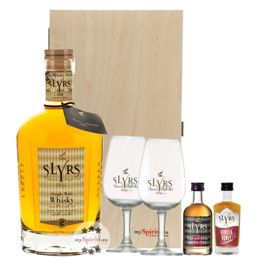 Slyrs Set: Single Malt Whisky (43% vol, 0,7l) & je 5cl Whisky 51 (51%) + Vanilla&Honey (30%) + 2x Glas in mySpirits Holzkiste