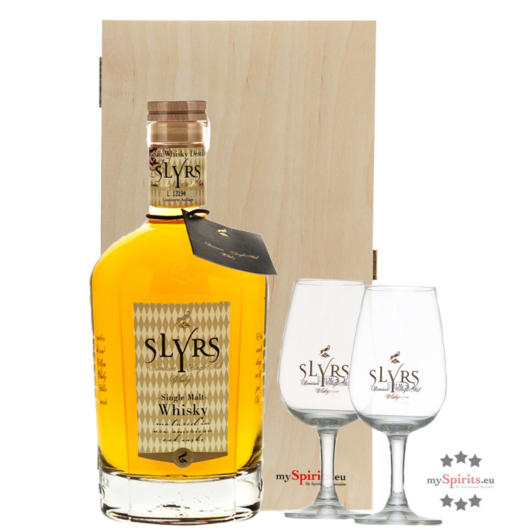 Slyrs Single Malt Whisky Geschenkbox / 43 % vol / 0,7 l + 2 x Slyrs Whiskyglas in mySpirits Holzkiste