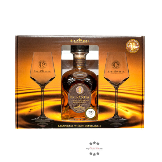 Steinhauser: Whisky Geschenkset Brigantia Classic / 43 % Vol. / 0,7 Liter-Flasche mit zwei Gläsern