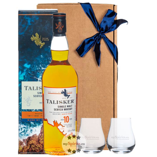 Set: Talisker 10 Jahre Whisky 45,8 % vol. 0,7 l & 2 mySpirits Nosing-Gläser in Geschenk-Schachtel