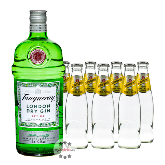 Tanqueray London Dry Gin (43,1% Vol., 0,7 L) & 7 x Schweppes Indian Tonic (0,2 L) inkl. 0,70 € Pfand