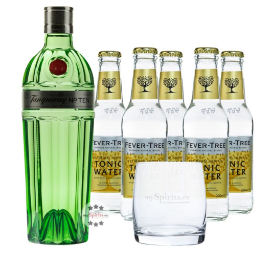 Tanqueray No. 10 Gin (47,3 % Vol., 0,7 L) & 5 x Fever-Tree Tonic (0,2 L) inkl. 0,75 € Pfand + 1 Glas