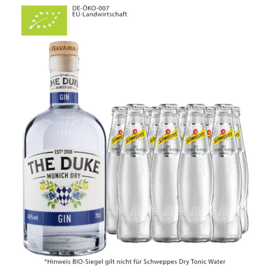 The Duke Gin Bio (45 % vol. / 0,7 Liter) & 10 x Schweppes Dry Tonic Water (0,2 Liter) inkl. 1,00 € Pfand