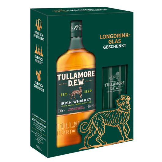 Tullamore D.E.W. Irish Whiskey Triple Distilled / 40 % Vol. / 0,7 l in Geschenkset mit Longdrink-Glas - AKTION