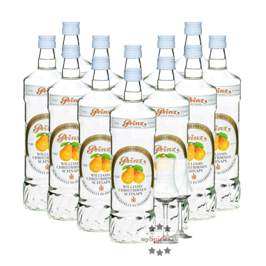 12 x Prinz Williams-Birnen Schnaps / 40 % Vol. / 12 x 1,0 Liter-Flasche + 2 x gratis mySpirits-Schnapskelch