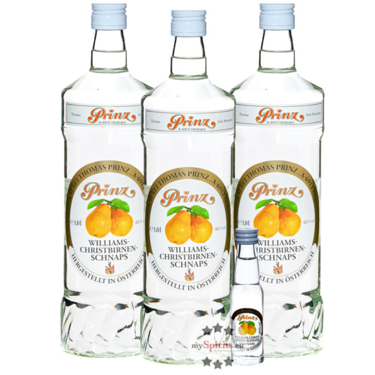 3 x Prinz Williams-Birnen Schnaps / 40 % Vol. / 3 x 1 Liter + 1 x gratis 2cl Williamsbirnen-Schnaps-Mini