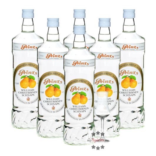 6 x Prinz Williams-Birnen Schnaps / 40 % Vol. / 6 x 1,0 Liter-Flasche + 1 x gratis mySpirits-Schnapskelch