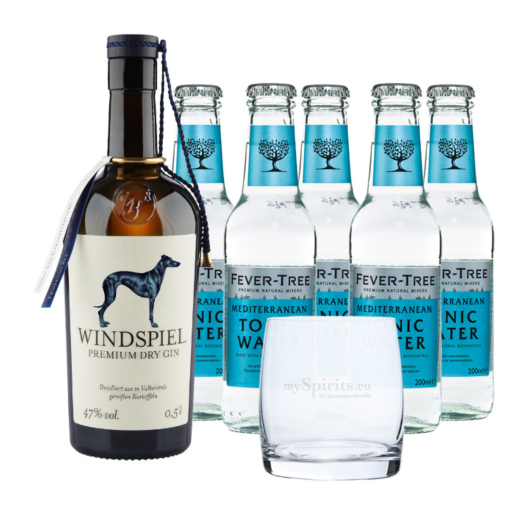 Windspiel Premium Dry Gin (47 % Vol., 0,5 L) & 5x Fever-Tree Tonic 0,2 L inkl. 0,75 € Pfand + 1 Glas