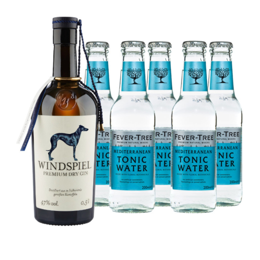 Windspiel Premium Dry Gin (47 % Vol., 0,5 L) & 5 x Fever-Tree Mediterranean Tonic Water (0,2 L) inkl. 0,75 € Pfand