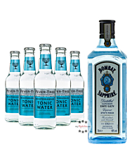 Bombay Sapphire London Dry Gin (40% Vol., 1,0 L) & 5 x Fever-Tree Mediterranean Tonic Water (0,2 L) inkl. 0,75 € Pfand