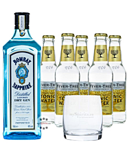 Bombay Sapphire Gin (40 % Vol., 0,7 L) & 5x Fever-Tree Tonic Water 0,2 L inkl. 0,75 € Pfand + 1 Glas