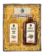 Bergbrennerei Löwen Geschenk-Set Herzwärmer mit 1x Ingwer Likör & 1x Hauskräuter  / 24 & 32 % Vol. / 0,2 L Flasche