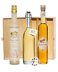 Prinz: Geschenk-Set Naschkatze mit Prinzalinen Likör, Wild-Haselnuss & Alte Haselnuss / 15 - 41 % Vol. / 3 x 0,5 Liter-Flasche in Holzbox