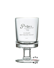 Prinz: Original Schnapsglas "Stamperl" mit Stiel klein - weißer Schriftzug / 2cl Eichstrich / Ø ca. 3,5 cm / H: ca. 7 cm