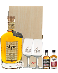 Slyrs Set: Single Malt Whisky (43 % Vol. / 0,7l) & je 5cl Whisky 51 (51%) + Vanilla & Honey (30%) + 2x Glas in mySpirits Holzkiste