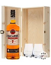 Geschenk-Set: Bacardi Spiced Spirit Drink (35 % Vol. / 1,0 L) + 2 x mySpirits Nosingglas in Holzkiste