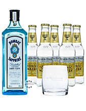 Bombay Sapphire Gin (40 % Vol., 0,7 L) & 5x Fever-Tree Tonic Water 0,2 L inkl. 0,75 € Pfand + 1 Glas