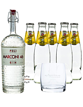 Poli Marconi 46 Gin (46% Vol., 0,7 L) & 5 x Schweppes Indian Tonic Water (0,2 L) + 1 Tumbler inkl. 0,50€ Pfand