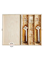 Prinz: Geschenk-Set Holzfass-Duo - Prinz Alter Williams & Prinz Alte Marille mit 2 Schnaps-Kelchen in Holz-Kiste