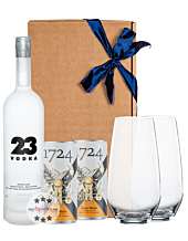 Geschenk-Set: Vodka 23 (40 % Vol. / 0,7 L) & 2x 1724 Tonic Water (0,2l) inkl. 0,50 € Pfand + 2x Spiegelau Longdrinkglas in Geschenkbox